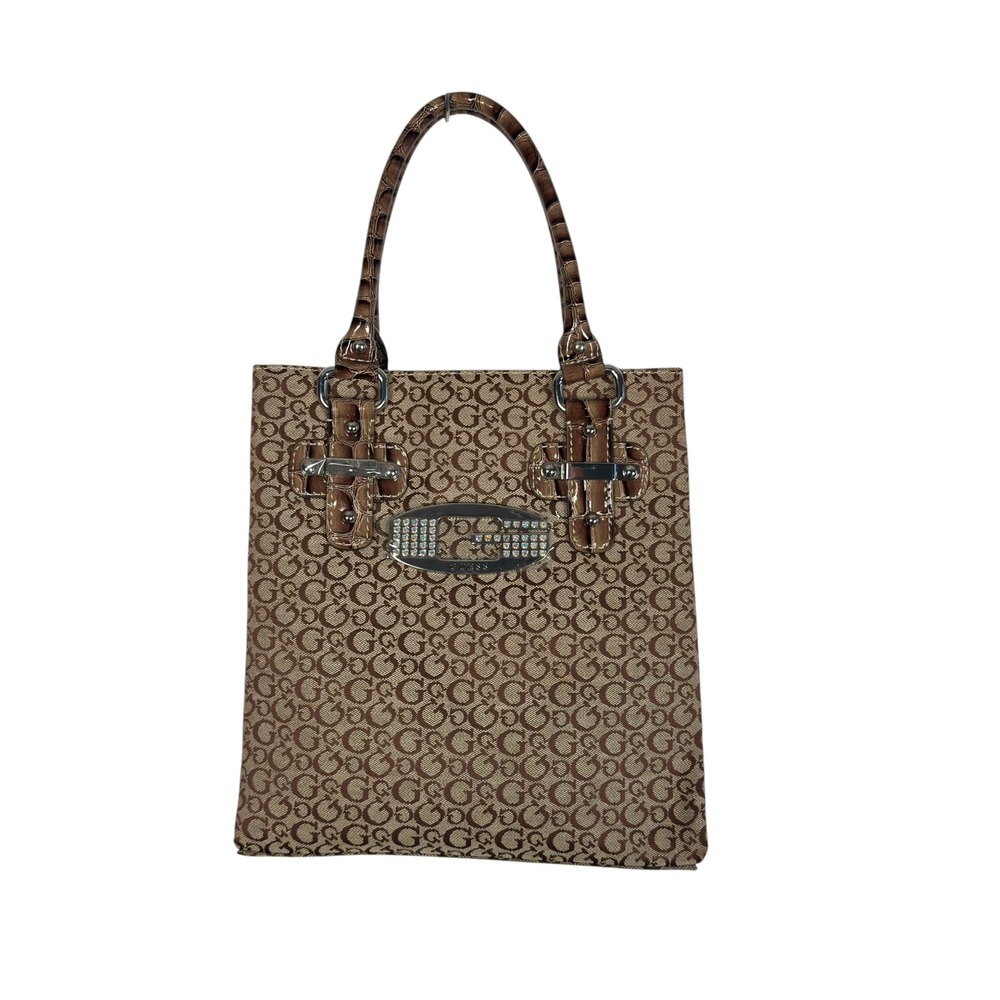 Guess Monogram Tote Bag Brown Croc Trim Crystal Logo Y2K Glam Satchel